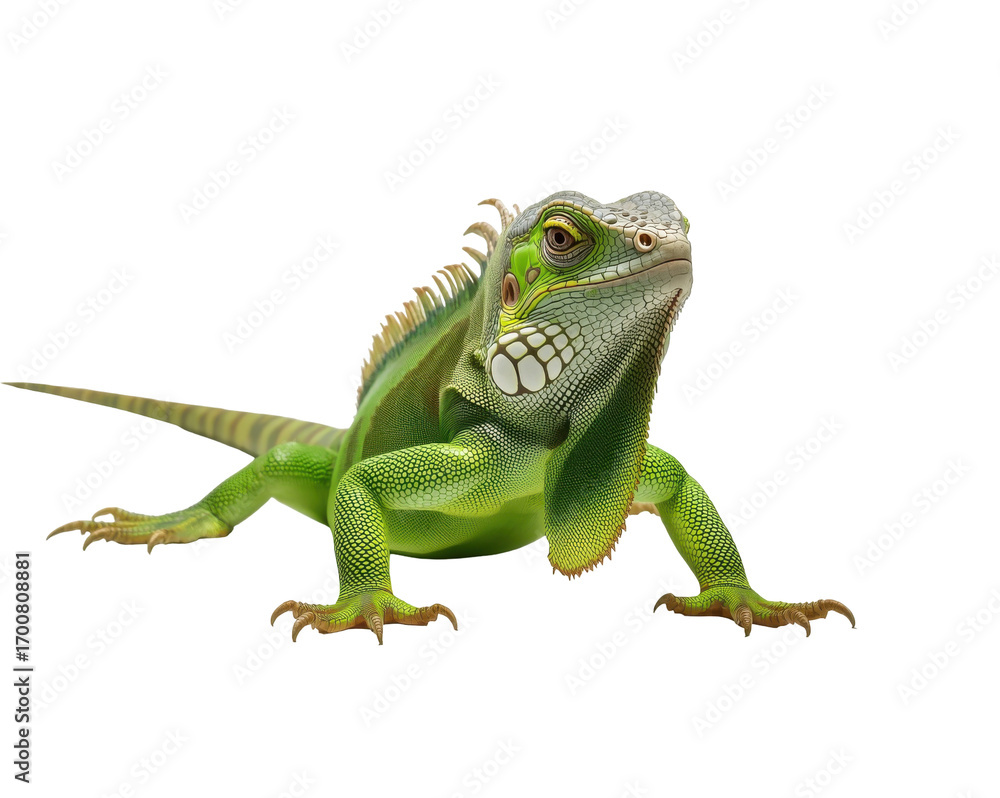 Fototapeta premium Captivating green iguana portrait showcasing vibrant colors and intricate details, a mesmerizing reptilian beauty