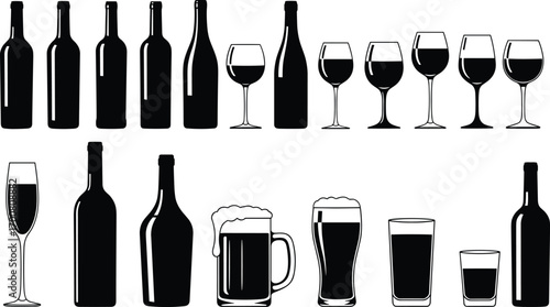 Alcoholic Beverage Silhouettes – Vector Set of Bottles, Wine Glasses, Beer Mugs, and Drinkware Icons for Packaging and Hospitality Design