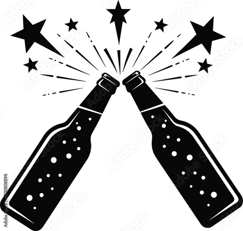Beer Bottle Toast Silhouette – Vector Illustration of Clinking Bottles with Stars Depicting Celebration, Friendship, Cheers, and Social Gathering