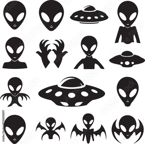 Vector art of collection of black alien and ufo icons, showcasing various extraterrestrial beings and flying saucers in silhouette