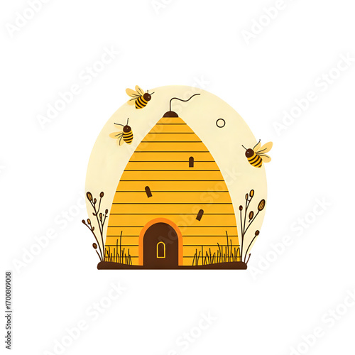 Charming beehive with busy bees buzzing around in a sunny meadow