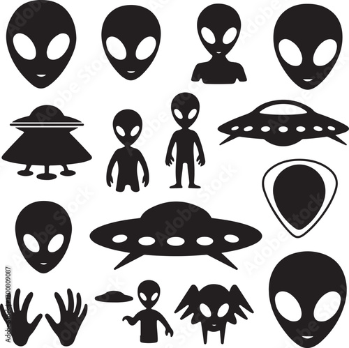Vector art of collection of alien icons set of various extraterrestrial beings and unidentified flying objects in simple black silhouette style