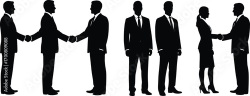 Business Handshake Silhouettes – Vector Set of Professionals in Suits Depicting Agreement, Greeting, Cooperation, and Formal Workplace Interaction