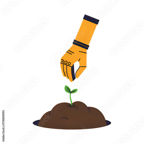 Robotic hand gently planting a seedling in fertile soil, symbolizing growth and future innovation.