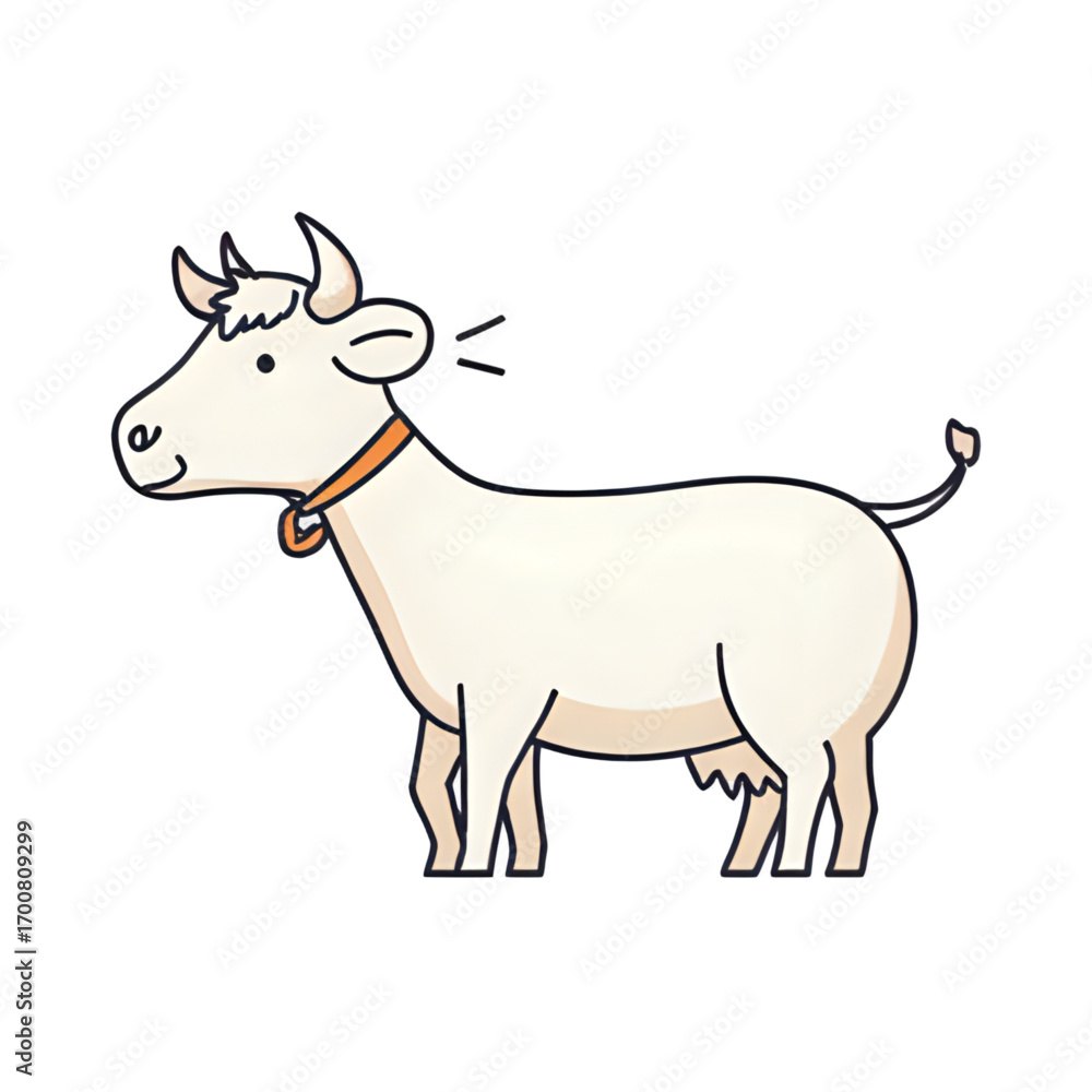 Fototapeta premium Friendly cartoon cow with a bell, standing in profile with a gentle expression.