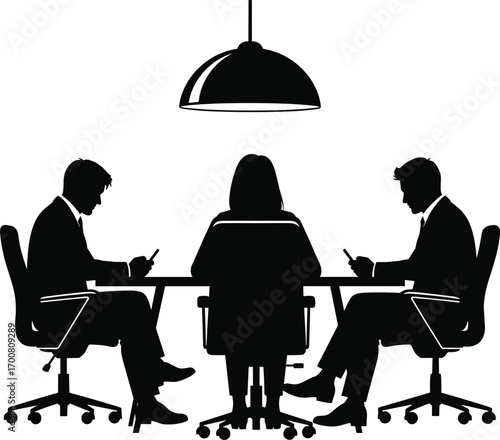 Business Presentation Silhouette – Vector Scene of Team Meeting with Flip Chart, Office Chairs, Leadership Gesture, and Corporate Communication