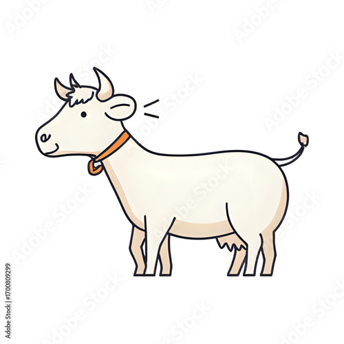 Friendly cartoon cow with a bell, standing in profile with a gentle expression.
