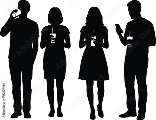 Casual Beverage Scene Silhouettes – Vector Set of People Holding Cups, Drinking, and Using Smartphones Depicting Modern Lifestyle and Social Habits