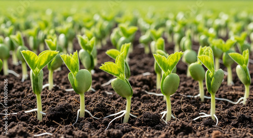Young soybean plants sprout from dark soil in a neatly planted field.