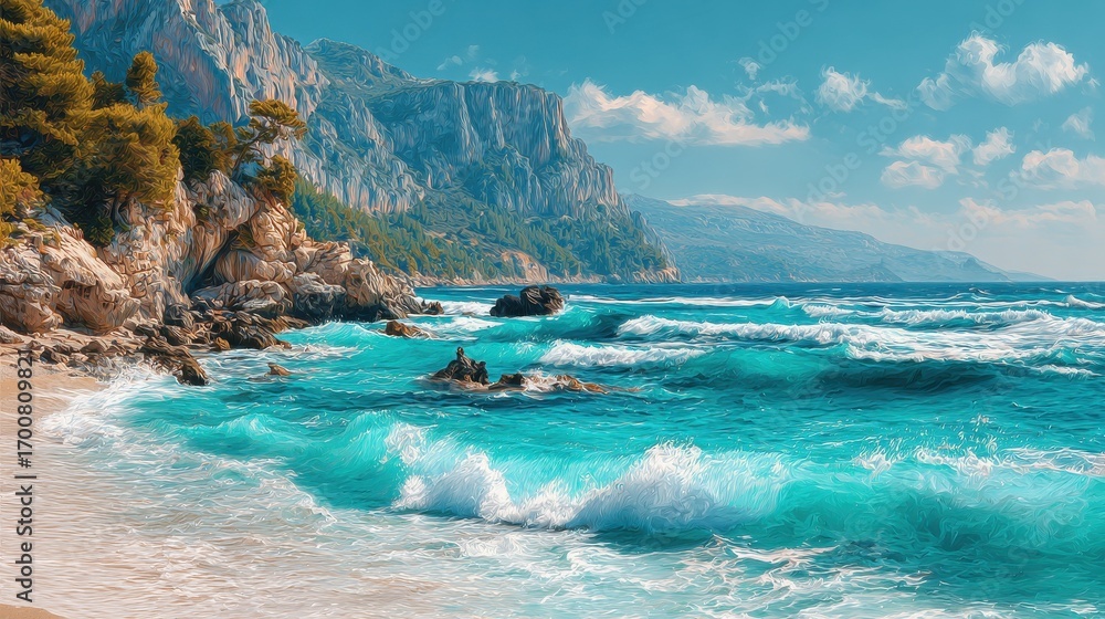 Fototapeta premium coastal panorama turquoise sea waves crashing on sandy beach against rocky cliffs and mountains