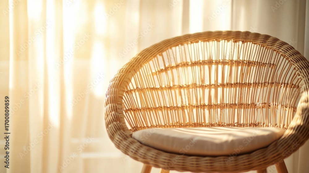 Fototapeta premium Elegant wicker chair bathed in warm sunlight