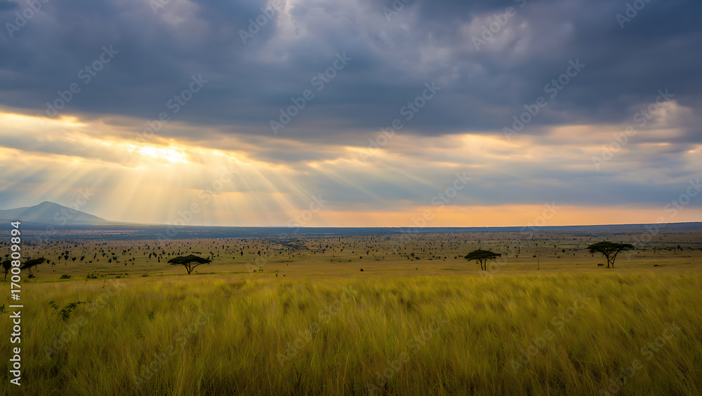 Fototapeta premium Sunbeams pierce through dramatic clouds over a vast african savanna landscape with acacia trees and tall grass