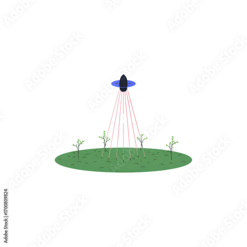 Mysterious alien spacecraft beams light onto a small patch of grass with young trees.
