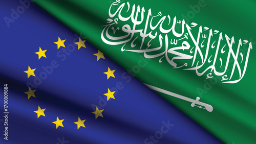 High Quality background with Two Flags of Saudi Arabia and European Union