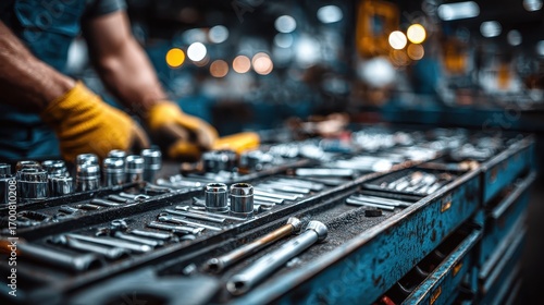 Mechanic in gloves looking at tools in toolbox at auto repair shop in the evening, with bokeh lighting reflecting from metal tools and surfaces