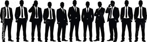 Twelve Business Men Silhouettes – Vector Set Featuring Formal Suits, Varied Poses, Office Gestures, and Professional Corporate Representation