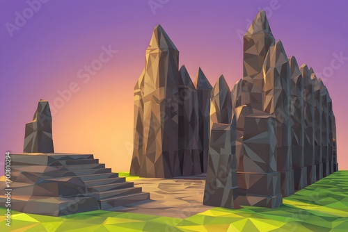 Geometric Fortress: A digitally rendered geometric fortress stands sentinel against a vibrant sunset, capturing a surreal sense of place and wonder.