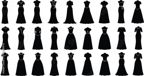 Twenty-Five Dress Silhouettes in Grid – Fashion Vector Set Featuring Diverse Styles, Necklines, Sleeves, Skirts, and Elegant Design Variations