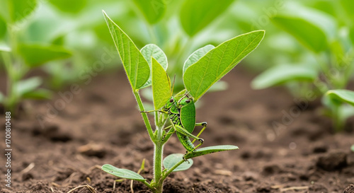 Green grasshoppers feeding on young soybean plant in a field.