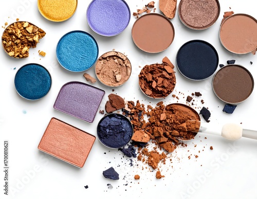 Colorful eyeshadow palettes scattered on a white background