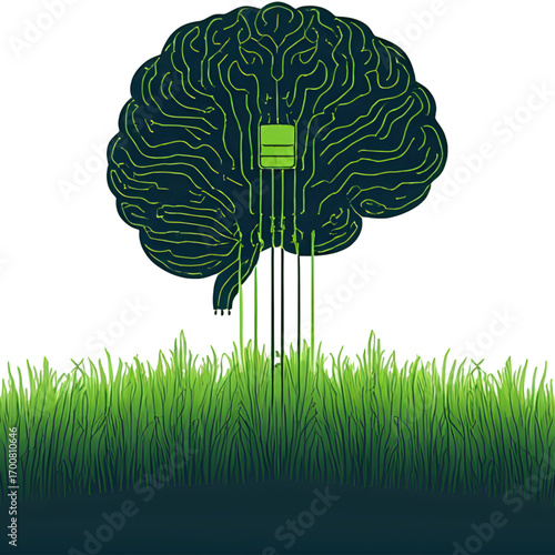 Digital brain with integrated circuit growing from lush green grass, symbolizing AI and nature.