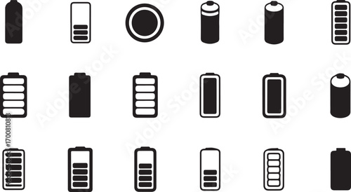 Vector art of diverse set of battery icons, depicting various stages of charging, energy levels, and power sources in a minimalist style