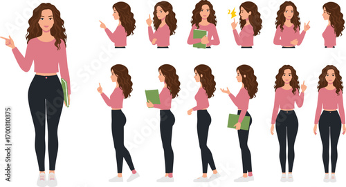 Cartoon woman character set, multiple poses and expressions, educational gestures, vector illustration, emotional icons, front and side view