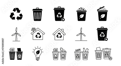 A collection of black and white vector icons representing recycling, renewable energy, and environmental sustainability themes.