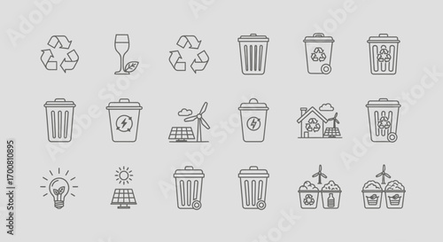 A collection of line art icons representing recycling, renewable energy, and environmental sustainability concepts, arranged in rows on a light gray background.