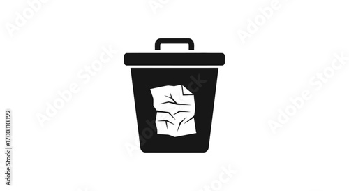 Black and white vector illustration of a trash can with crumpled paper inside, symbolizing waste or deletion.