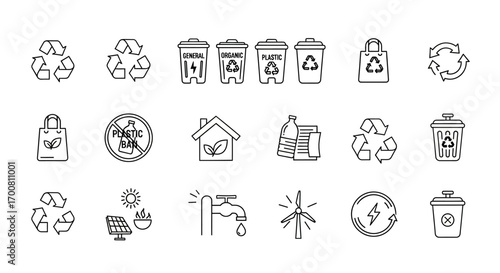 Recycling symbols, waste bins, and eco-friendly icons illustrate environmental sustainability.