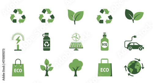Collection of green icons representing recycling, eco-friendly practices, and environmental sustainability.