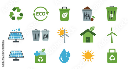 A collection of colorful icons representing environmental conservation and sustainable practices.