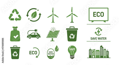 A collection of green environmental icons representing sustainability and eco-friendly concepts and ideas.