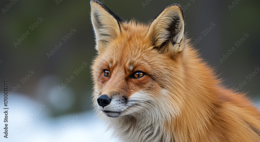 Fototapeta premium Close-up portrait of a red fox with striking amber eyes and detailed fur in a winter setting