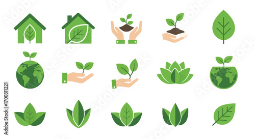 A diverse collection of green eco-friendly icons representing nature, sustainability, and environmental conservation concepts. Vector symbol set