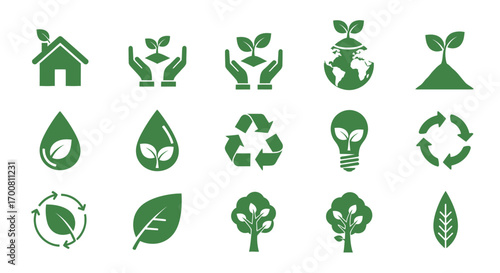 Collection of flat green vector icons representing ecology, environmental conservation, sustainability, and renewable resources