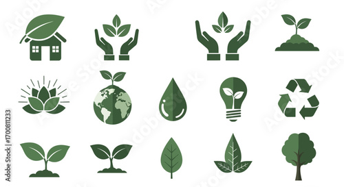 A set of green icons representing ecology, sustainability, and environmental protection concepts on a white background