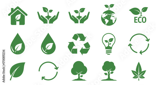 Vector illustration collection of green environmental icons. A flat design set for themes of ecology, sustainability, and renewable resources