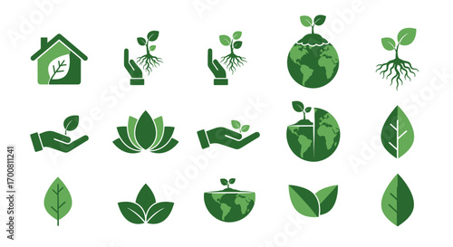 A versatile set of green icons representing nature, growth, and environmental sustainability concepts for eco-friendly design