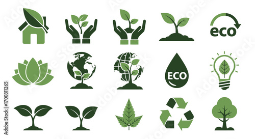 A comprehensive collection of flat green icons representing ecology, sustainability, nature conservation, and environmental protection concepts
