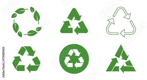 Diverse set of green eco-friendly vector icons, including recycling arrows, Mobius loops, and leaf wreaths for sustainable branding