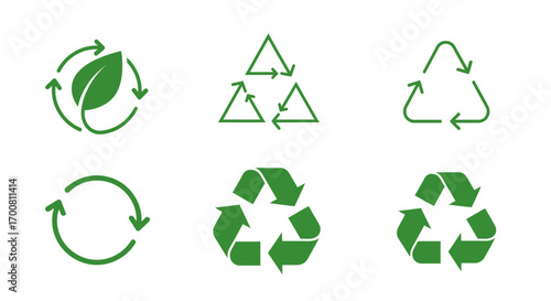 A diverse collection of green recycling and environmental symbols. Vector icon set representing ecology, sustainability, and eco-friendly concepts