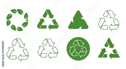 Diverse collection of green recycling and sustainability icons. A set of vector graphic elements representing ecology, environmental care, and responsible consumption