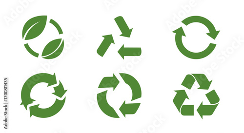 A diverse collection of green recycling symbols and eco-friendly leaf icons. Vector graphics representing sustainability, conservation, and environmental awareness