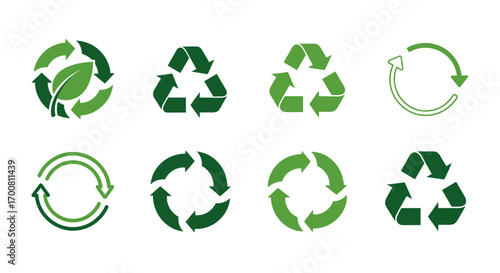 A diverse collection of green recycling arrow symbols, icons, and logos for promoting environmental sustainability and ecological conservation