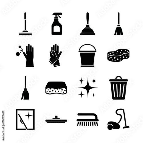 A comprehensive vector set of black silhouette icons representing various household cleaning tools and sanitation equipment, isolated on a white background