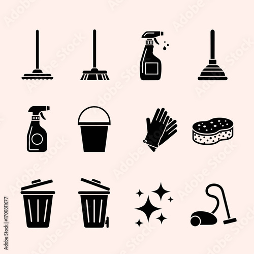 Collection of black silhouette cleaning supply icons for household chores and hygiene. Vector graphics set with broom, vacuum, and spray bottle