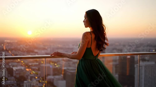 Beautiful woman in green dress on balcony at sunset looks at city showing luxury lifestyle this is a very romantic and elegant moment this is a great rich and successful person