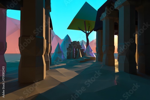Abstract Geometric Landscape: An artistic and vivid geometric landscape with geometric shapes creates a dreamlike and imaginative environment.